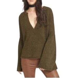 Free People XL Oversized Lovely Lines Bell Sleeve Plunge Sweater Olive Green